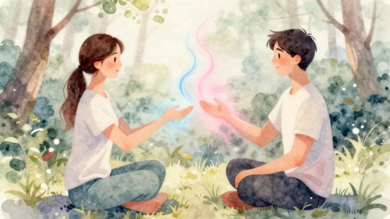 Pár medituje společně, ruce spojené, energetické linky v modré a růžové.