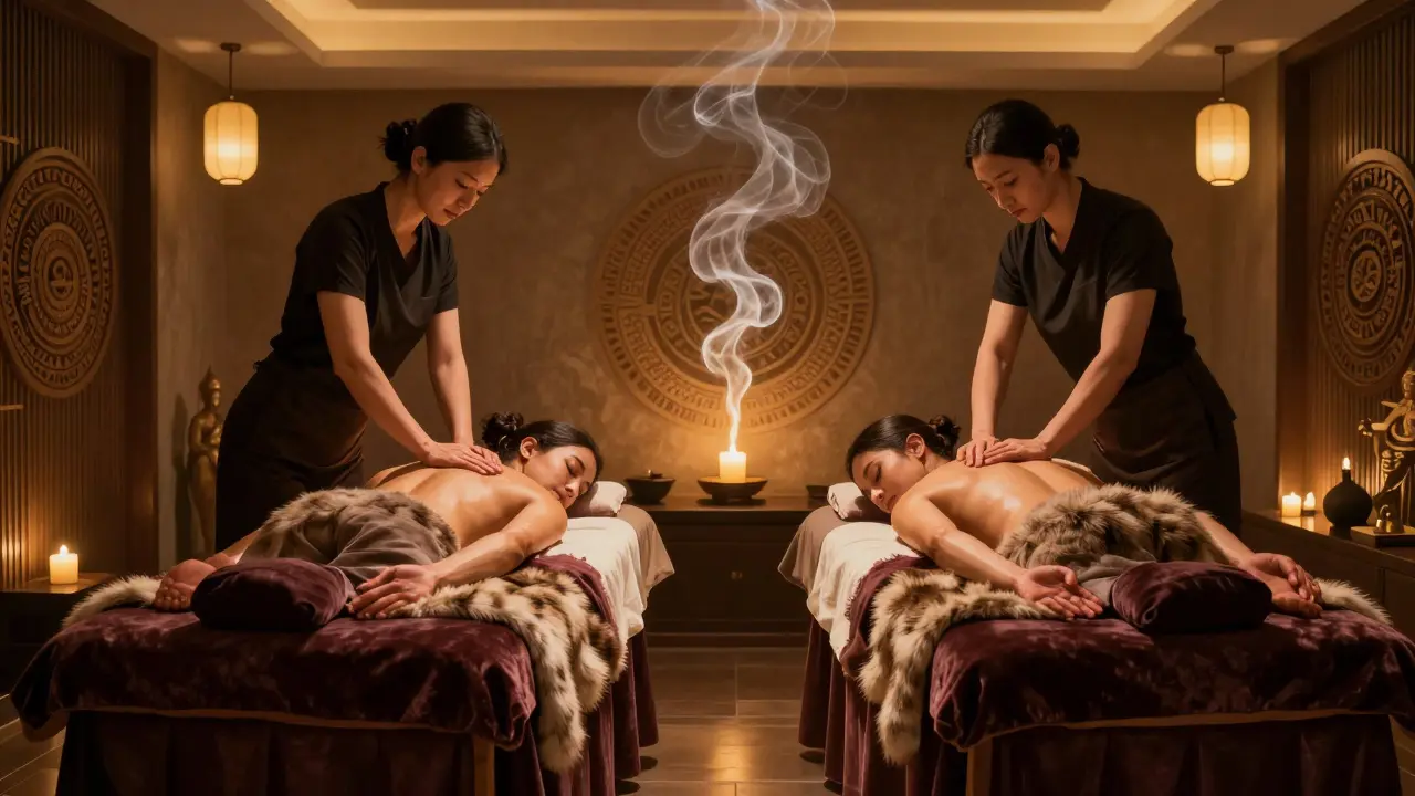 Párová tantrická masáž s dvěma terapeuty, hedvábnými plátny a teplým světlem.