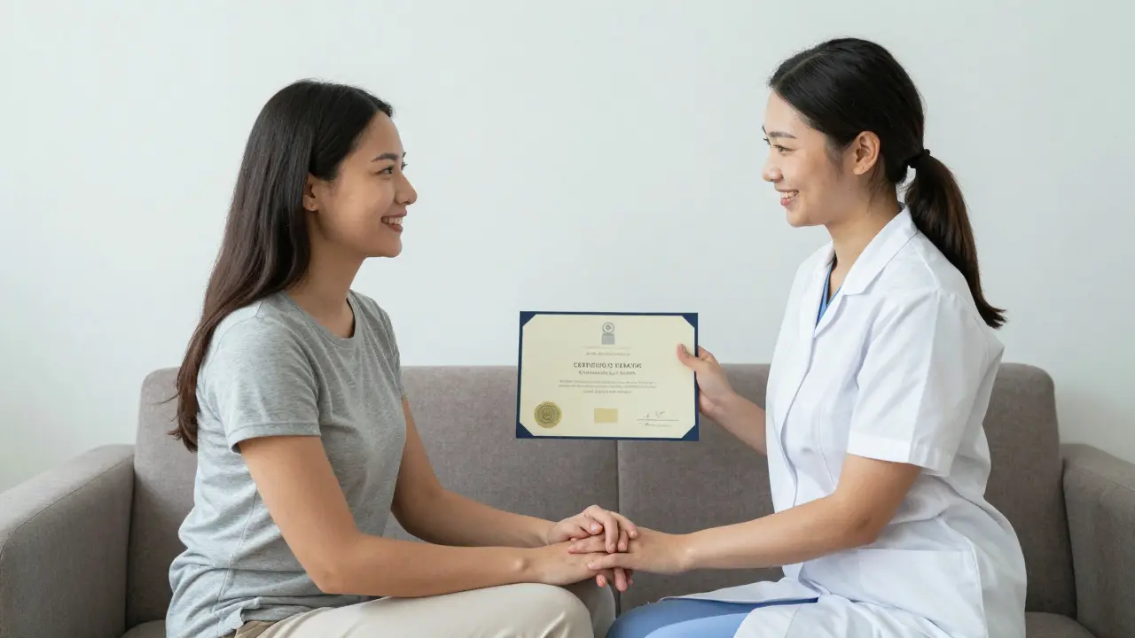 Terapeut a pár sedí v klidné místnosti, drží si ruce.