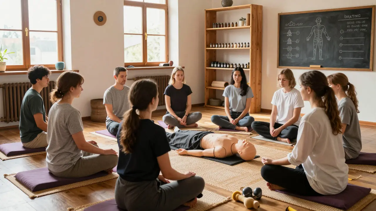 Výuka tantrické masáže v malé ateliéru s kameny, oleji a studenty sledujícími techniku.