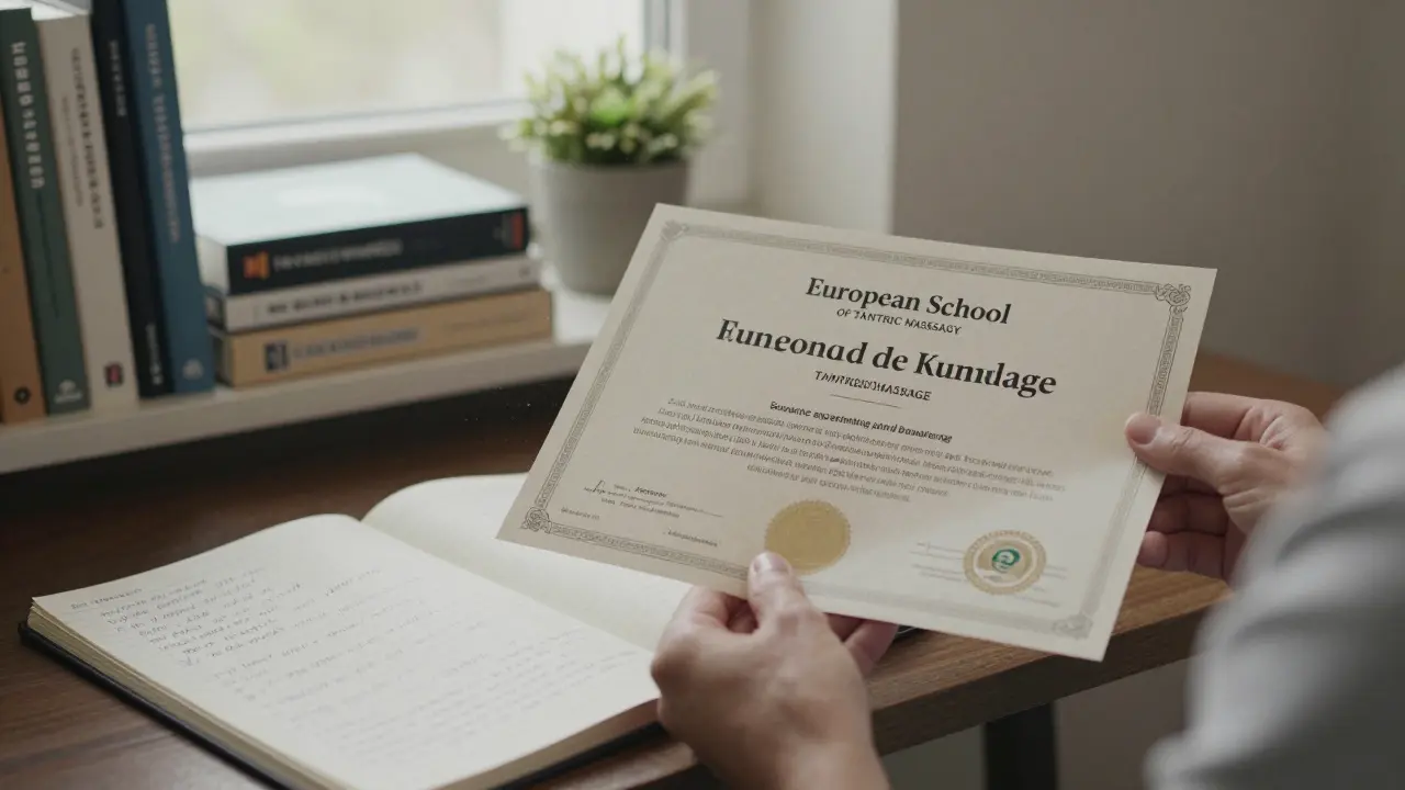 Certifikát evropské školy tantrické masáže spolu s poznámkami o tělesně orientované terapii.