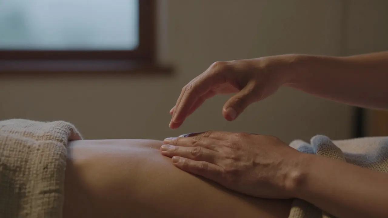 Dvě ruce — jedna na břiše, druhá nad srdcem — v tichém, neřízeném doteku v klidném domácím prostředí.