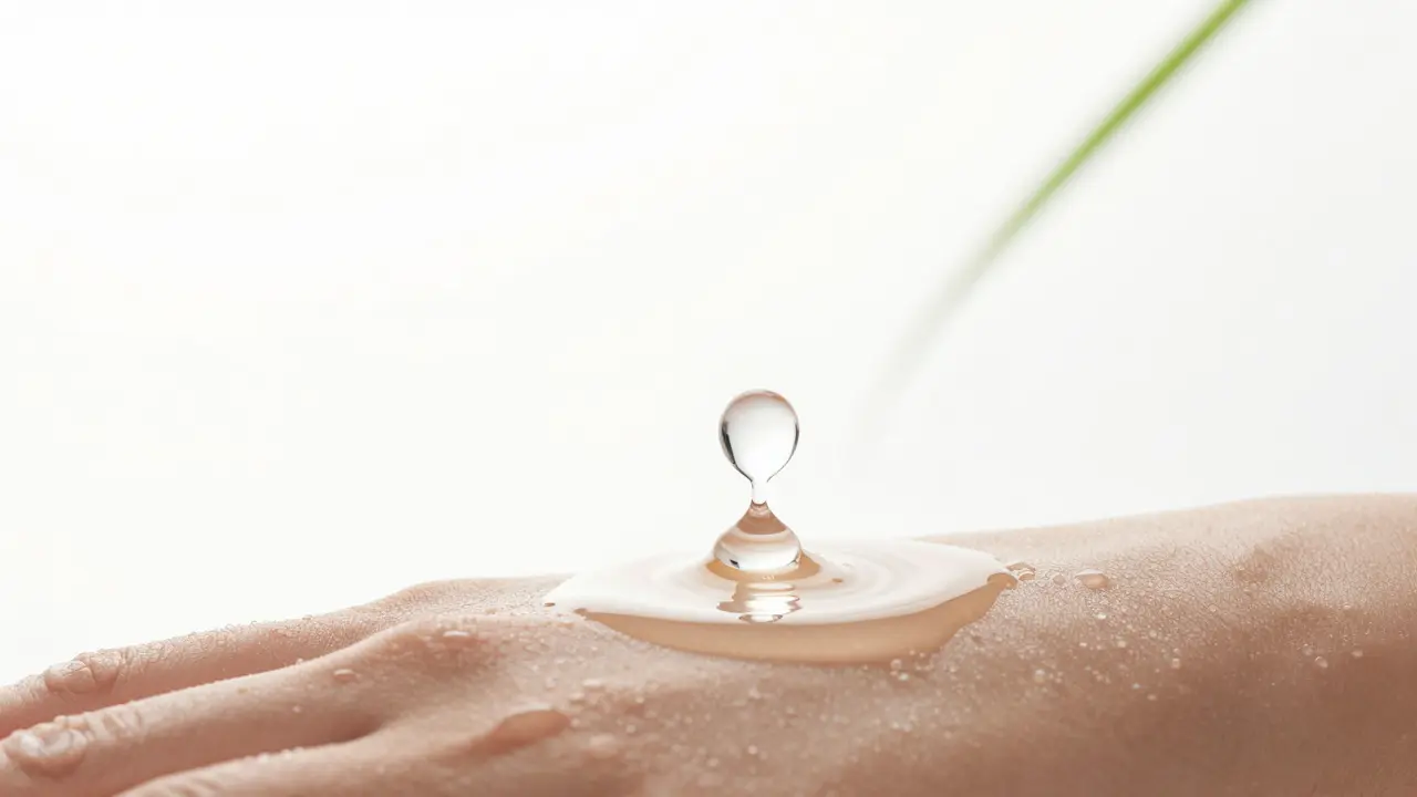 Jedna kapka nuru gelu ve vzduchu nad kůží, před tím, než se roztáhne do dokonalé kluzké vrstvy.
