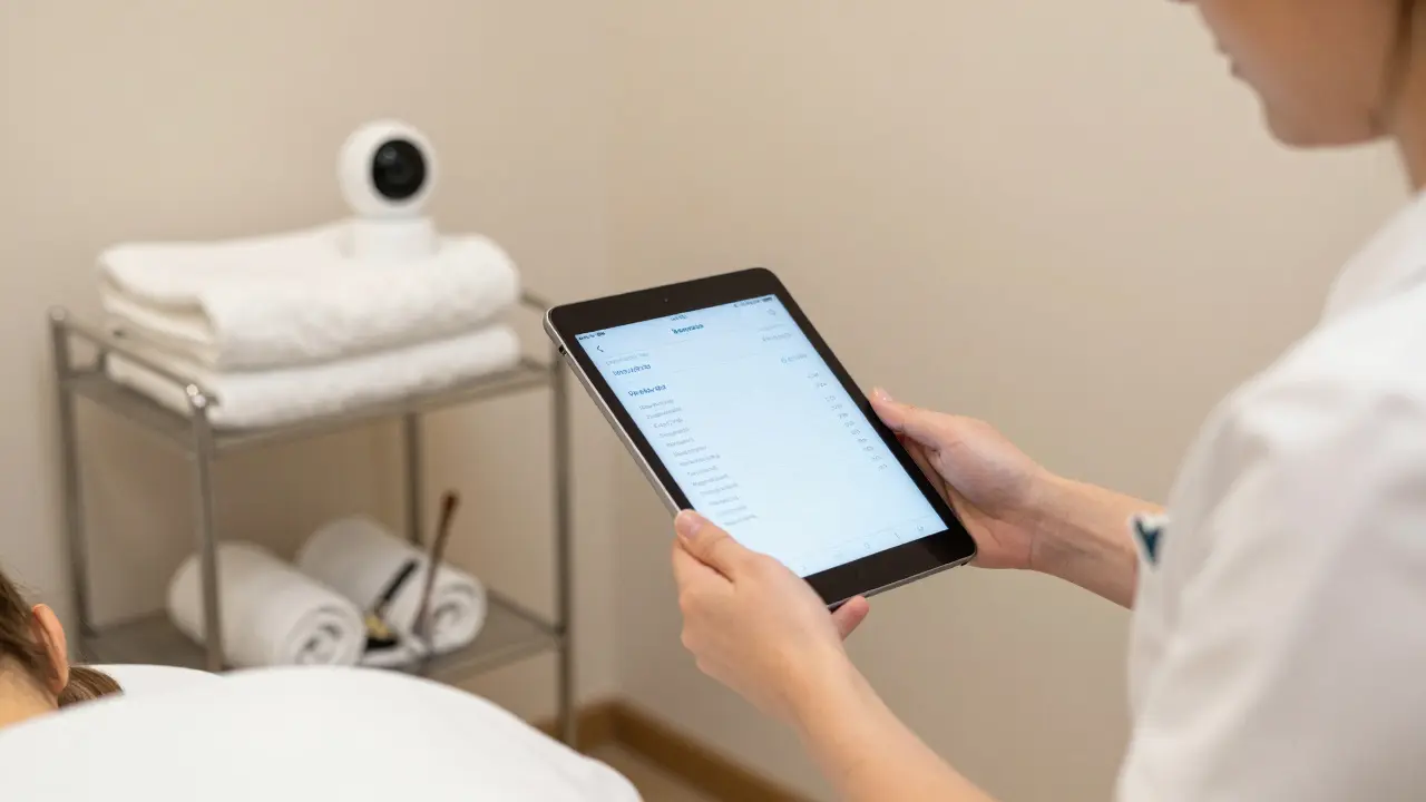 Masérka předává klientovi potvrzení předplacení přes tablet, v pozadí je vidět bezpečnostní kamera a hygienické vybavení.