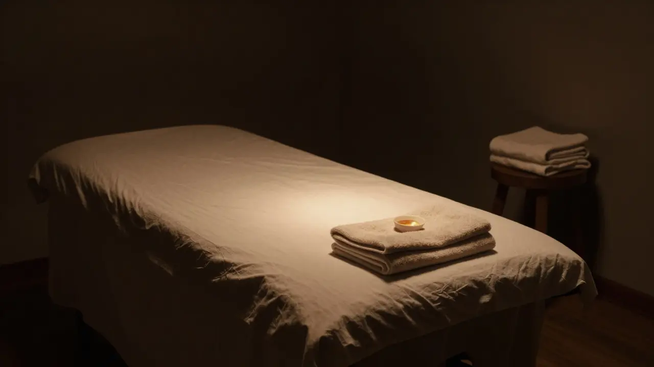Prázdná místnost s maséžní postelí, vysušeným ručníkem a oleji — místo klidu a bezpečí.