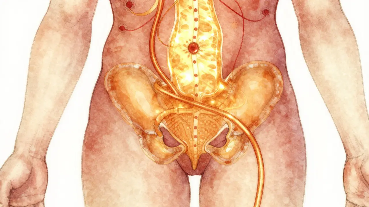 Zlatý tok energie proudí z břicha dolů po pánvi, znázorňující zlepšený krevní oběh v tantrickém stylu.