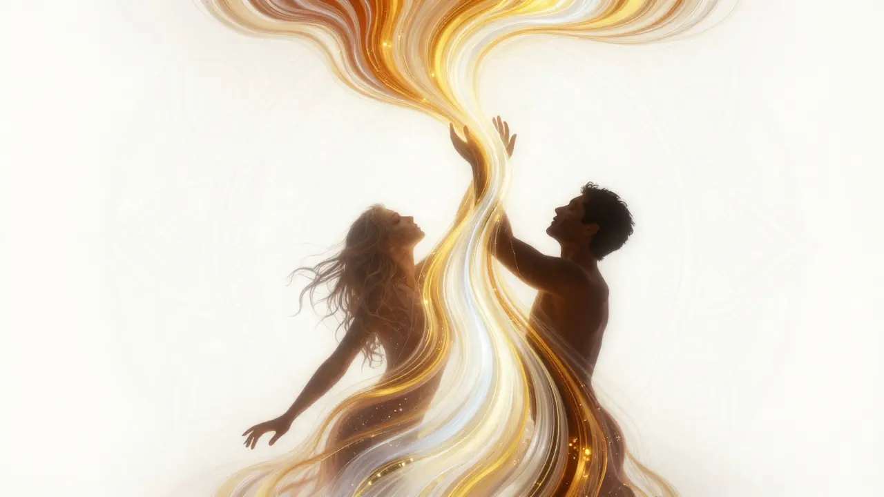 Abstraktní znázornění vzestupujícího energetického toku mezi dvěma lidmi.