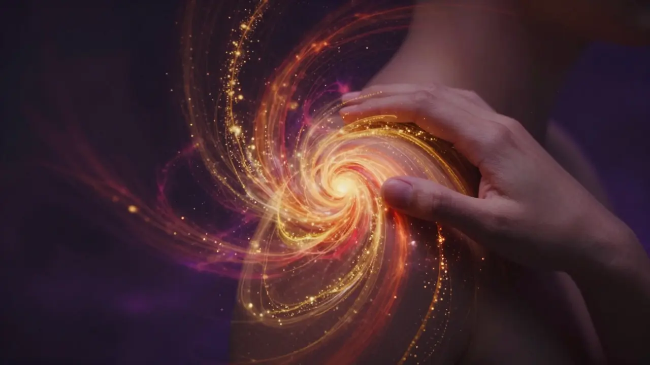 Abstraktní zobrazení probuzení smyslů prostřednictvím jemného dotyku a energie.