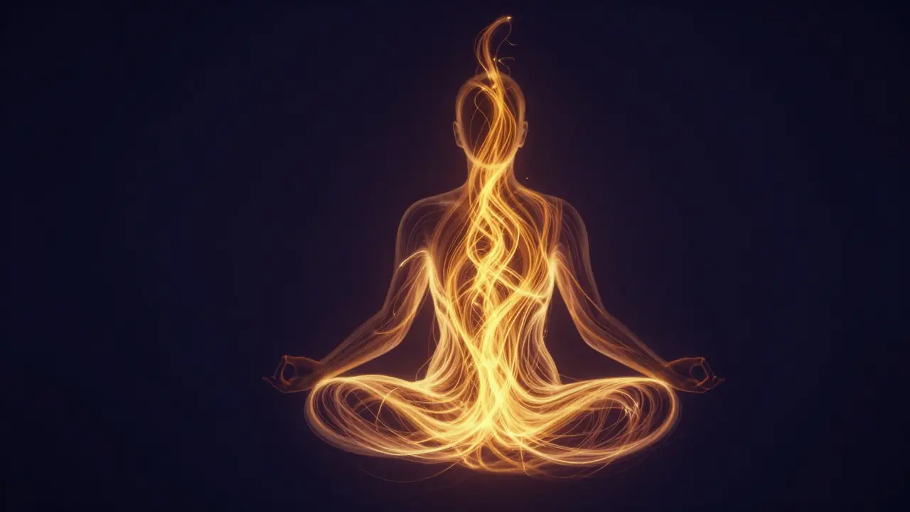 Abstraktní zobrazení zlaté energie proudící tělem v meditačním stavu.