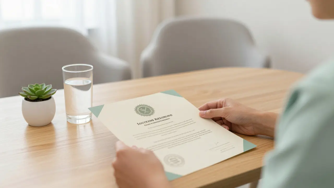 Certifikát o vzdělání maséra na dřevěném stole v profesionálním prostředí.