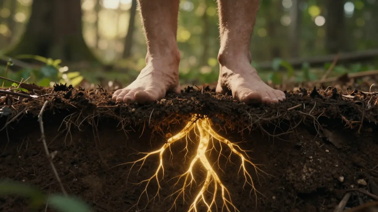 Detail bosých nohou s energetickými kořeny zapuštěnými do země.