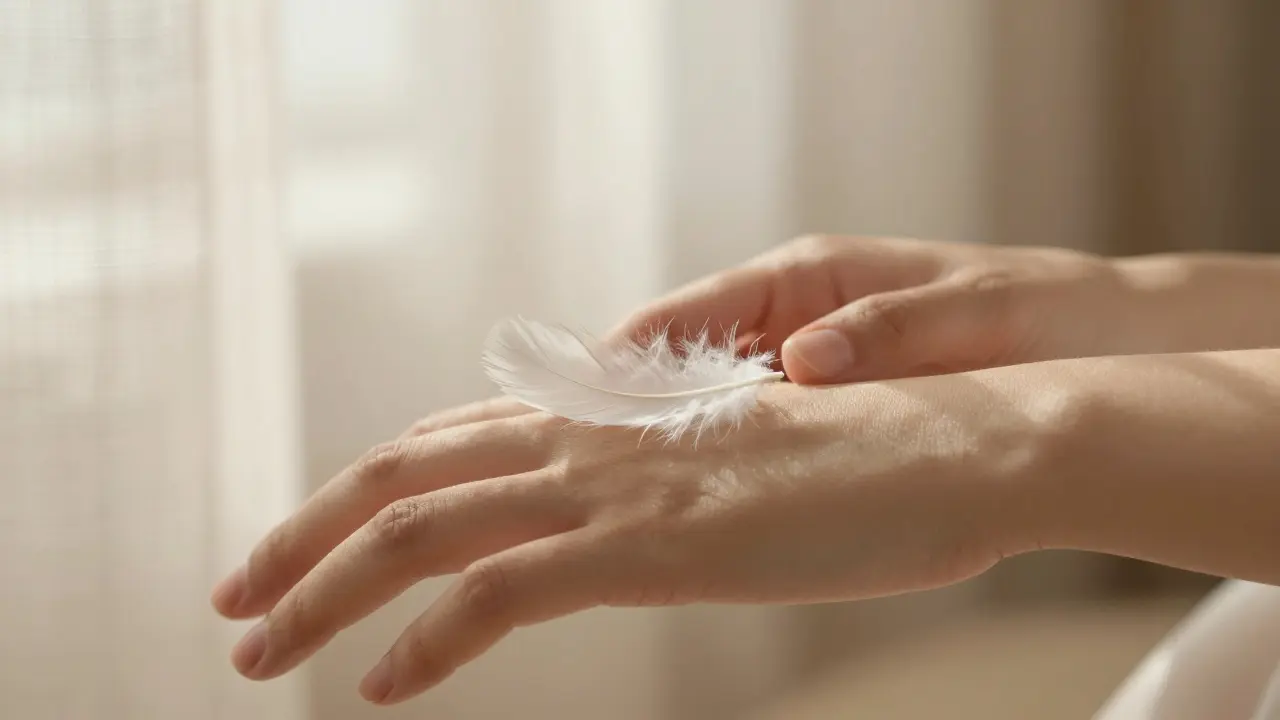 Detail jemného dotyku peřínka na kůži v uklidňujícím a bezpečném prostředí.