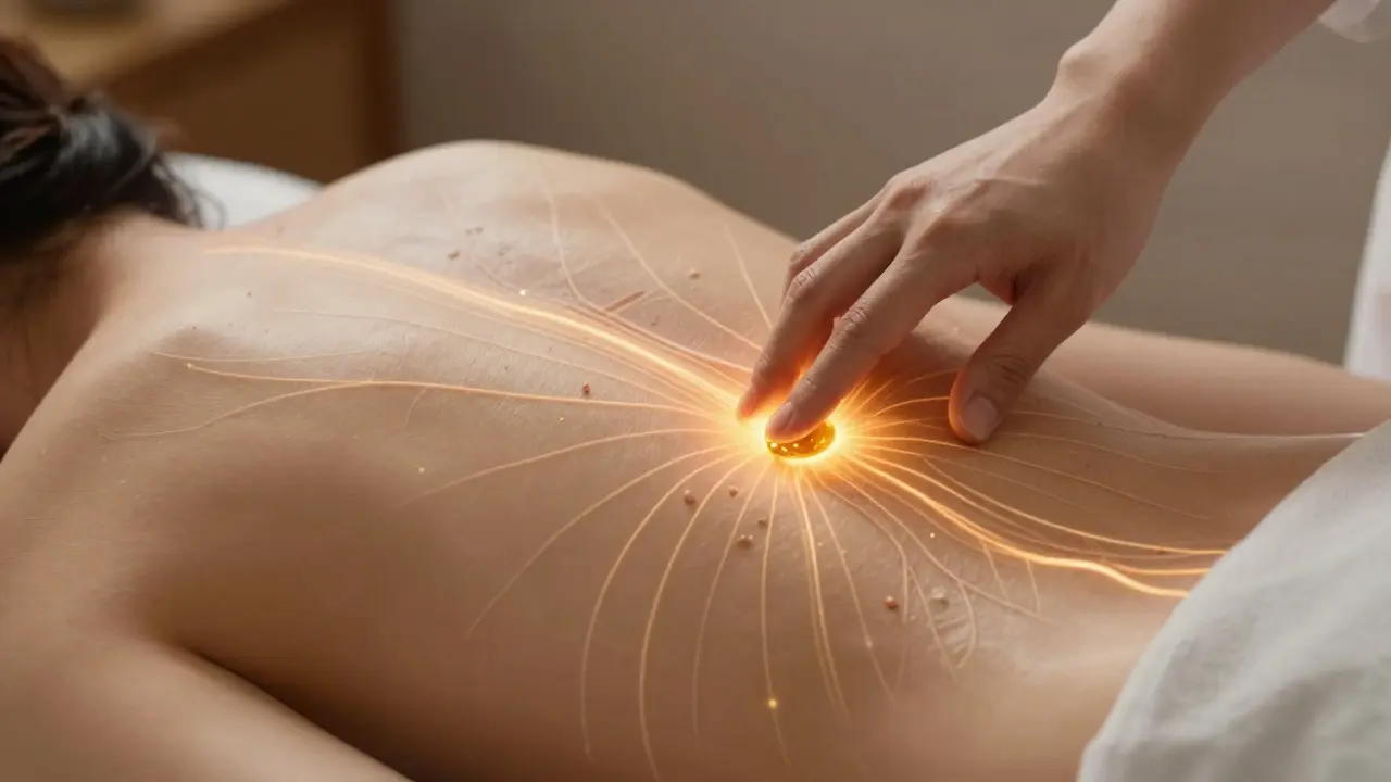 Detail zády s vyobrazením energetických meridiánů a uvolňováním blokády.