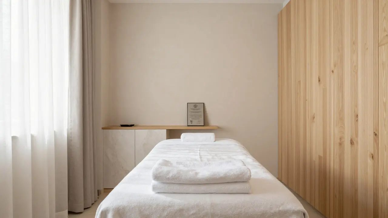 Interiér profesionálního a čistého studia pro etickou tantrickou masáž.