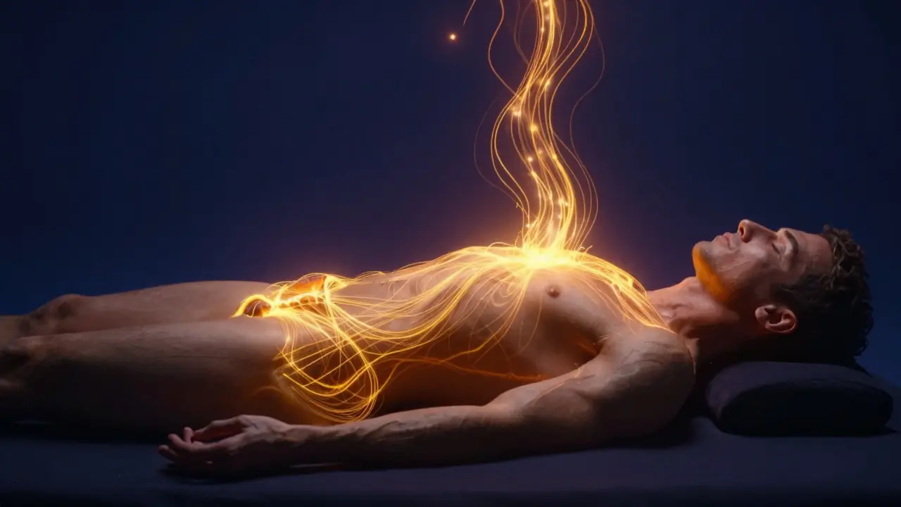 Konceptuální znázornění zlaté energie stoupající z pánve do horních center těla.