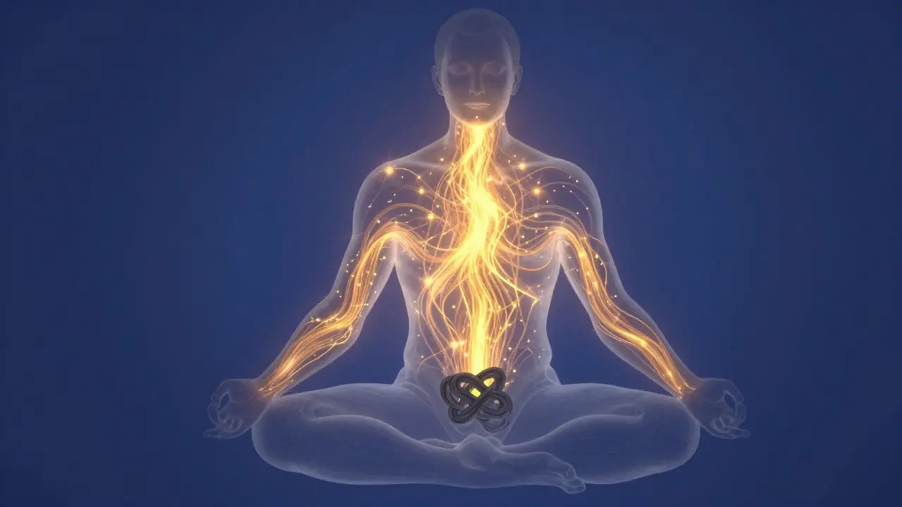 Konceptuální zobrazení zlaté energie proudící tělem muže v meditaci.