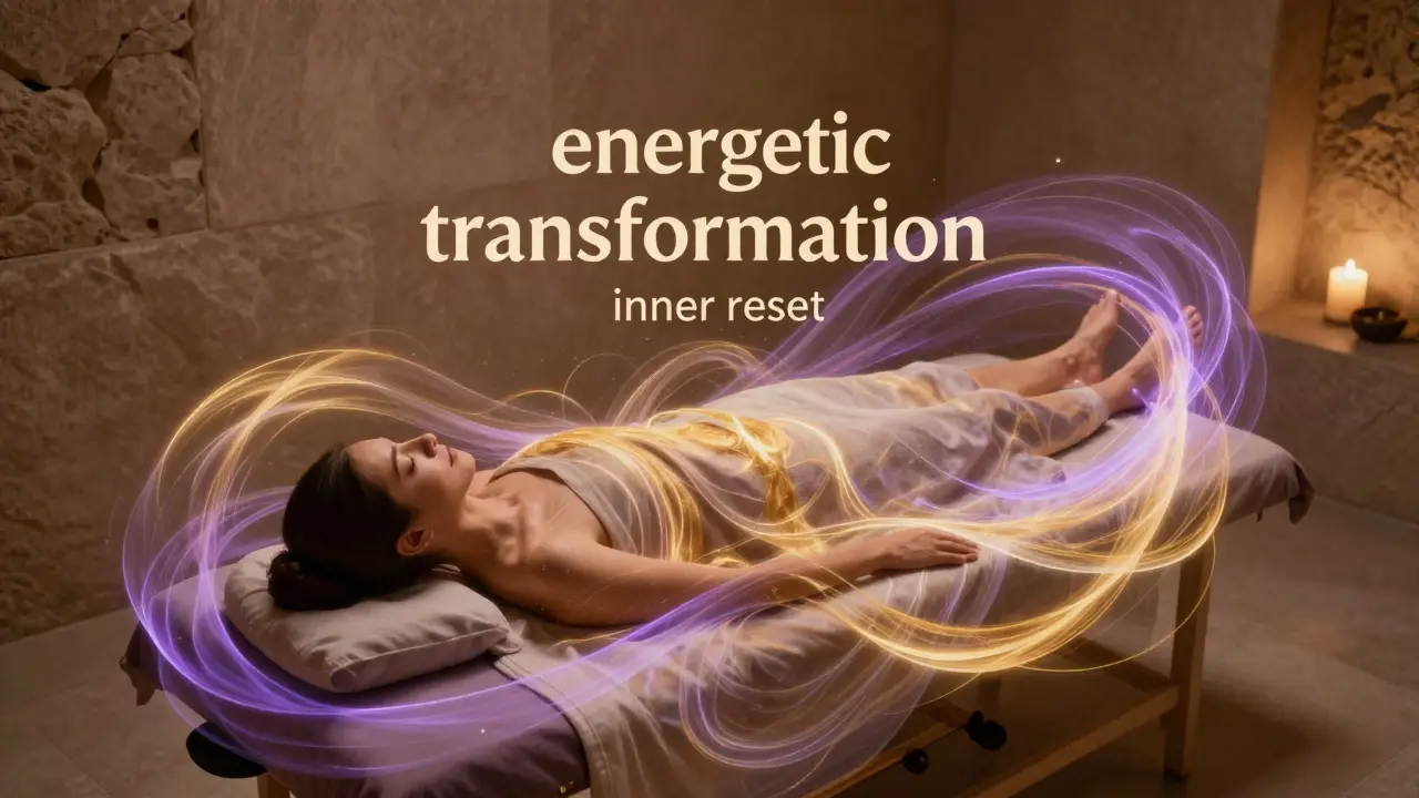 Kresba energetické transformace a hlubokého relaxu během tantrické masáže.