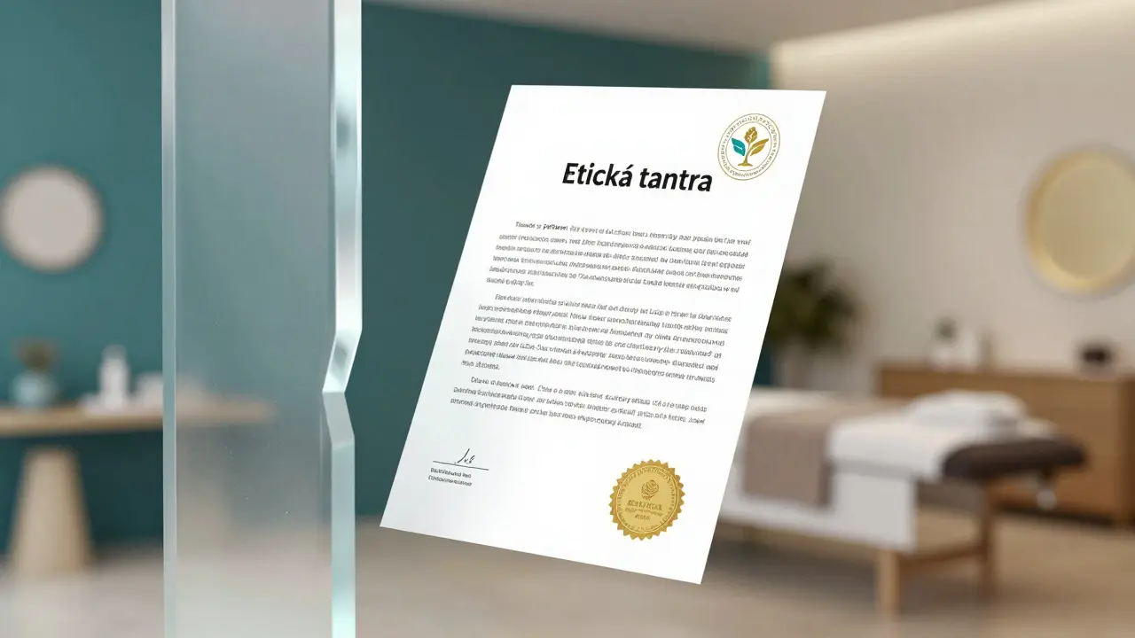 Krystalová stěna oddělující wellness prostor od oficiálních certifikátů a dokumentů.