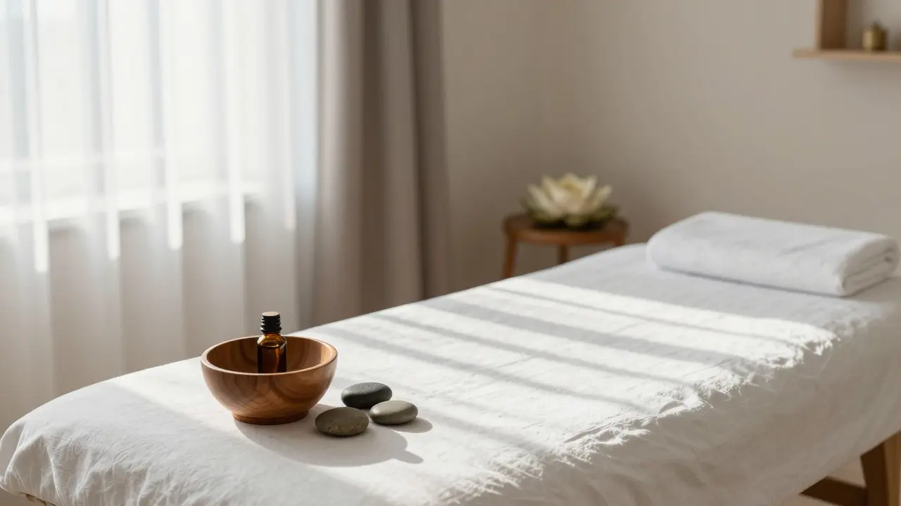 Minimalistický a čistý interiér profesionálního studia pro tantrické masáže.