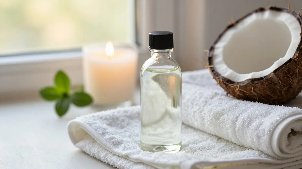  Přírodní kokosový olej a svíčka na ručníku pro domácí tantrickou péči.
