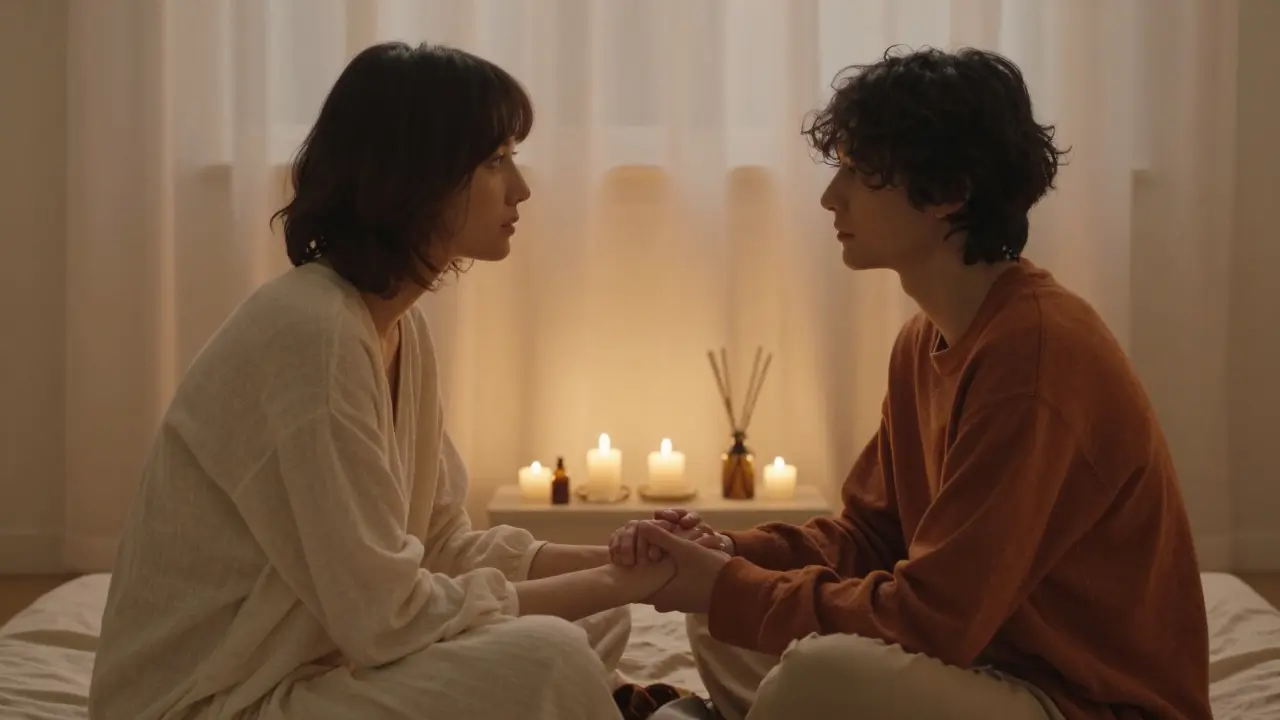 Snímek dvou lidí v intimním, klidném prostředí, vyjadřující důvěru a emocionální propojení.