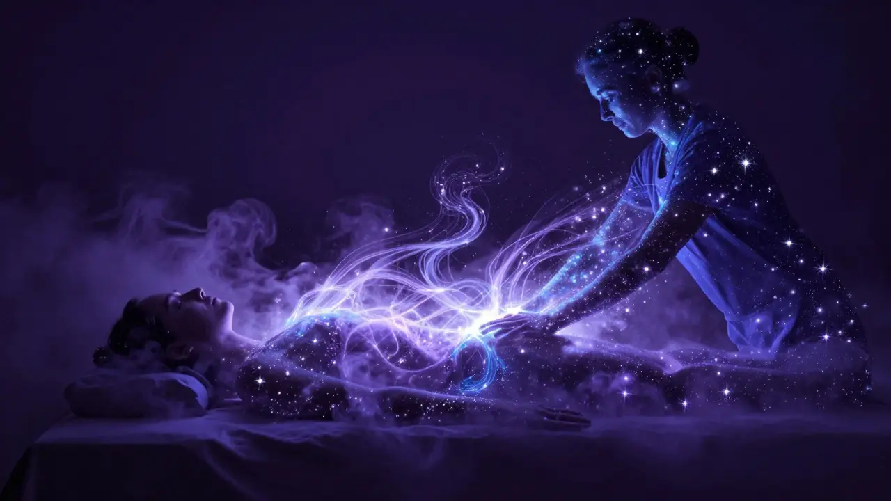 Sورةetní znázornění maséra jako kanálu pro proudící léčivou energii do těla.