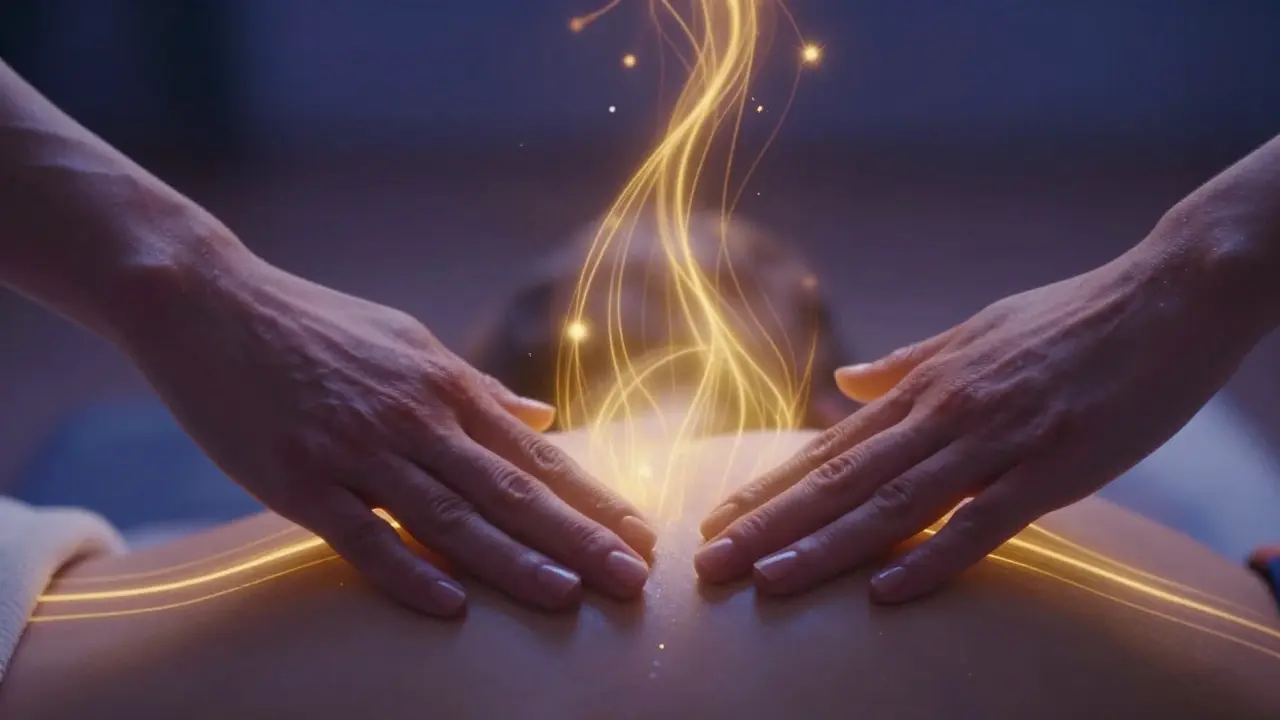 Umělecký detail jemného doteku s vizualizací zlaté energie proudící v těle.