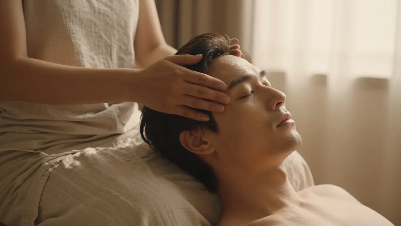 Záběr na jemnou masáž čela a spánků v intimním a uvolněném domácím prostředí.