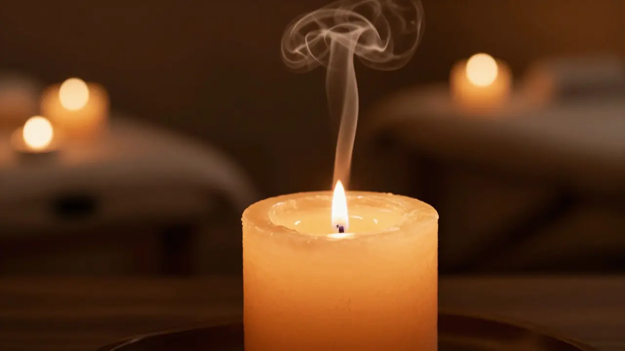 Zhasnutá masážní svíčka s rozpuštěným voskem v útulné, tlumené atmosféře.