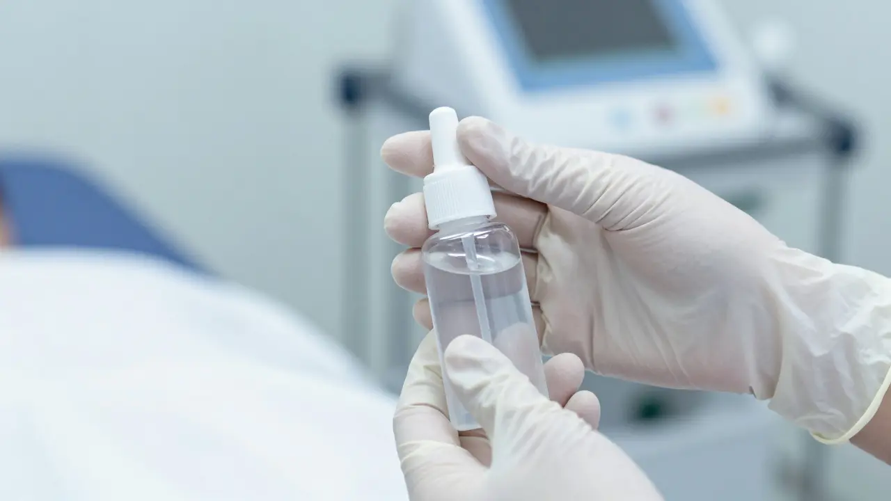 Lékařská rukavice a lubrikační gel připravené k proceduře