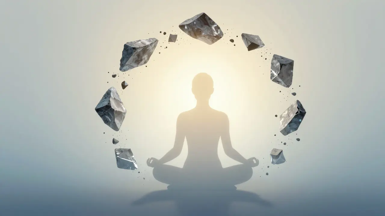Silueta v meditaci obklopená světlem a rozpouštějícími se bloky