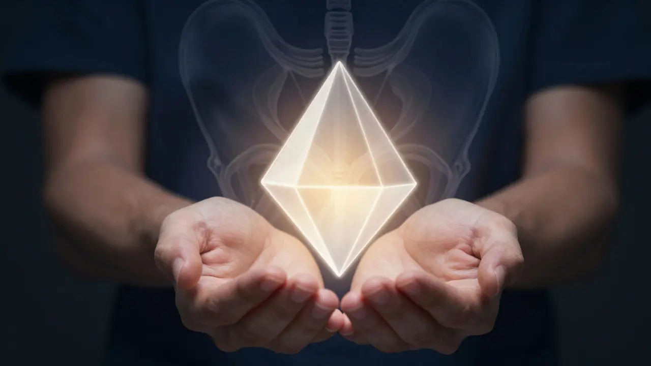 Abstraktní zobrazení rukou držíících zářící symbol zdraví