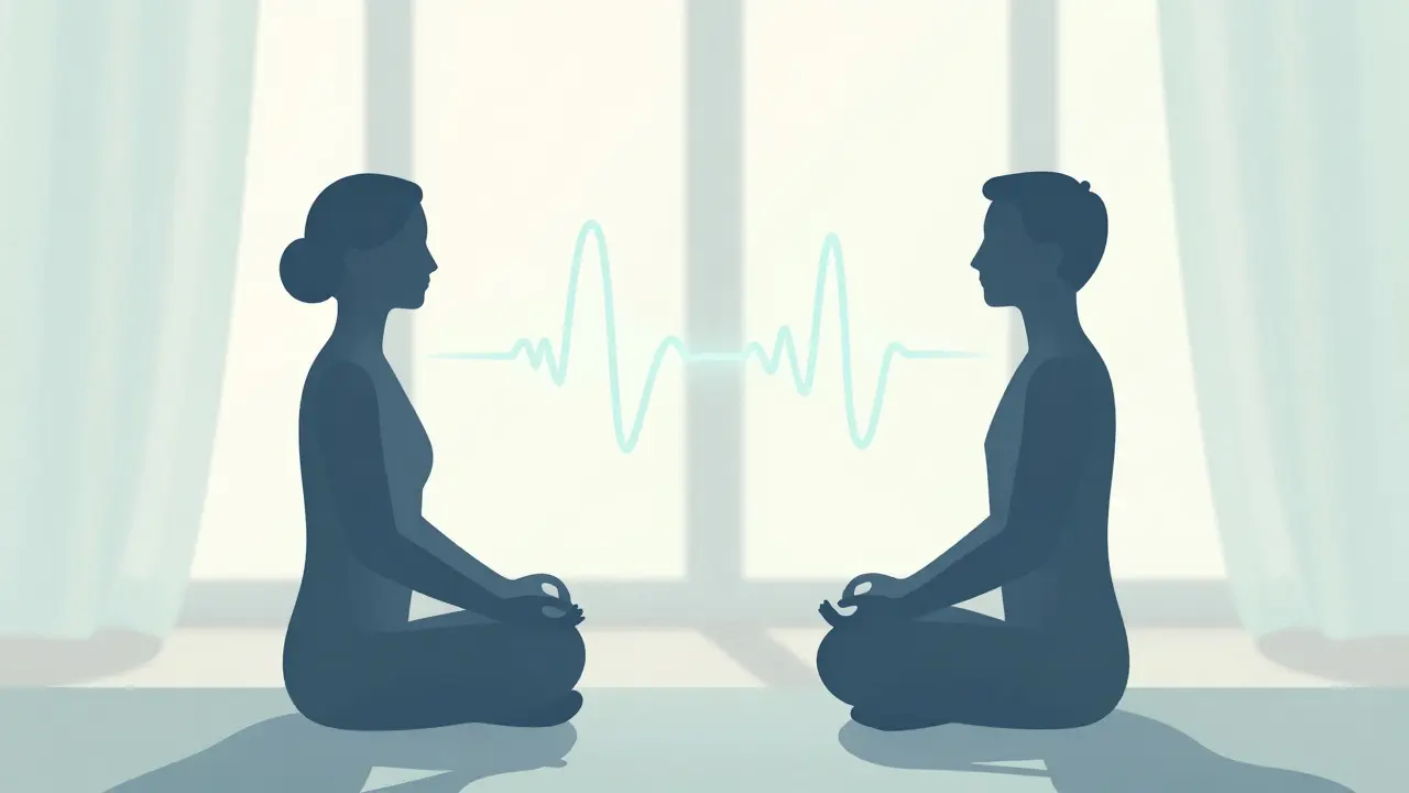 Dvě postavy v meditaci propojené světelnými linkami symbolizujícími synchronizovaný dech