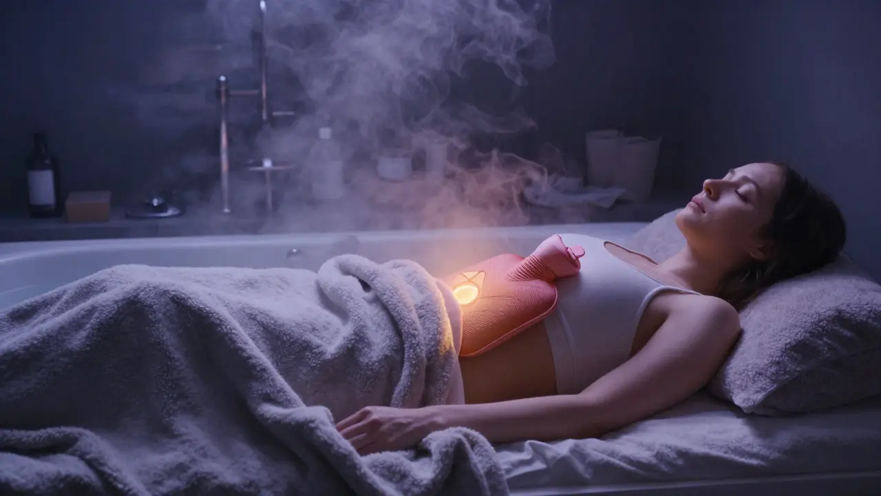 Relaxační scéna s teplým obkladem pro luteální fázi