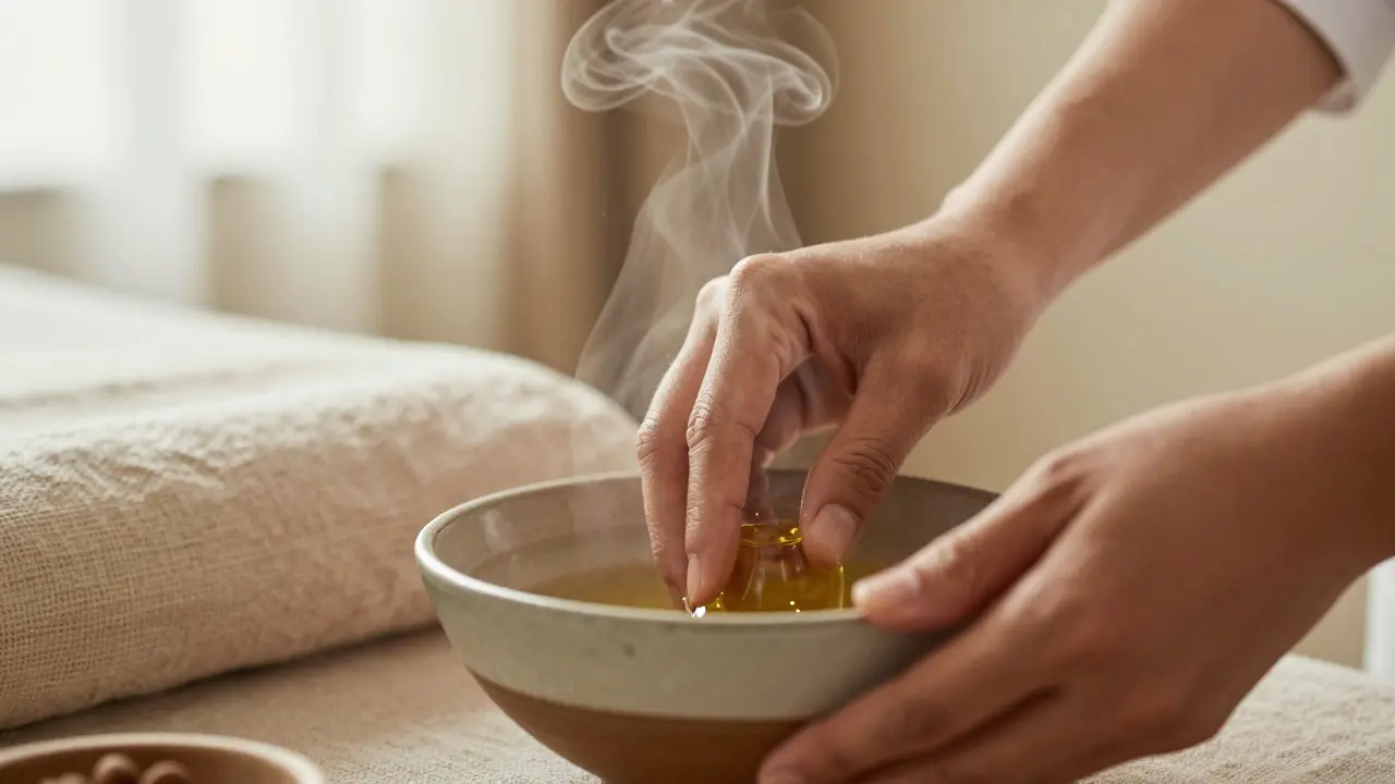 Ruce připravují teplý olej pro masáž v klidném prostředí terapeuta.