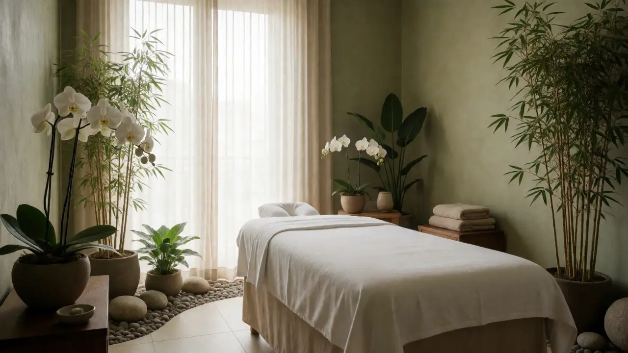 Prázdná masážní místnost ve wellness centru s přírodním světlem a rostlinami