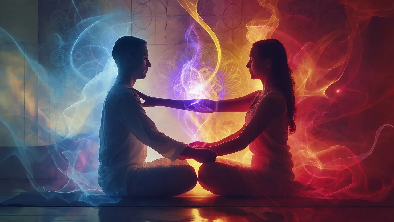 Abstraktní spojení modré reiki energie a červené tantrické energie při meditaci