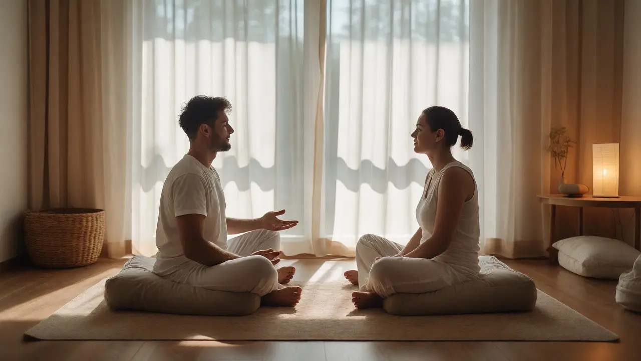 Klidná konzultace po tantrické masáži ve světlém wellness centru