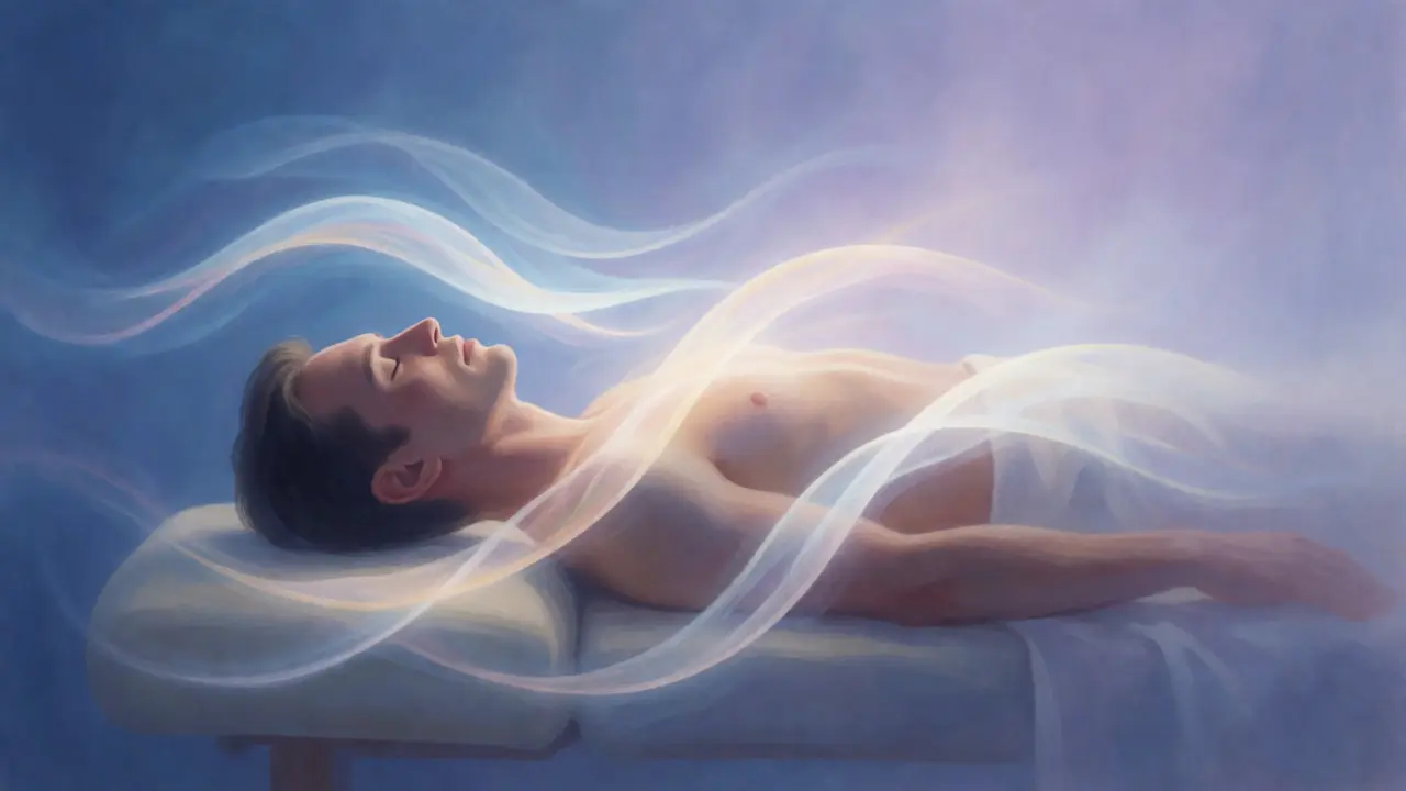 Konceptuální ilustrace muže v relaxaci s abstraktními proudy energie kolem těla.