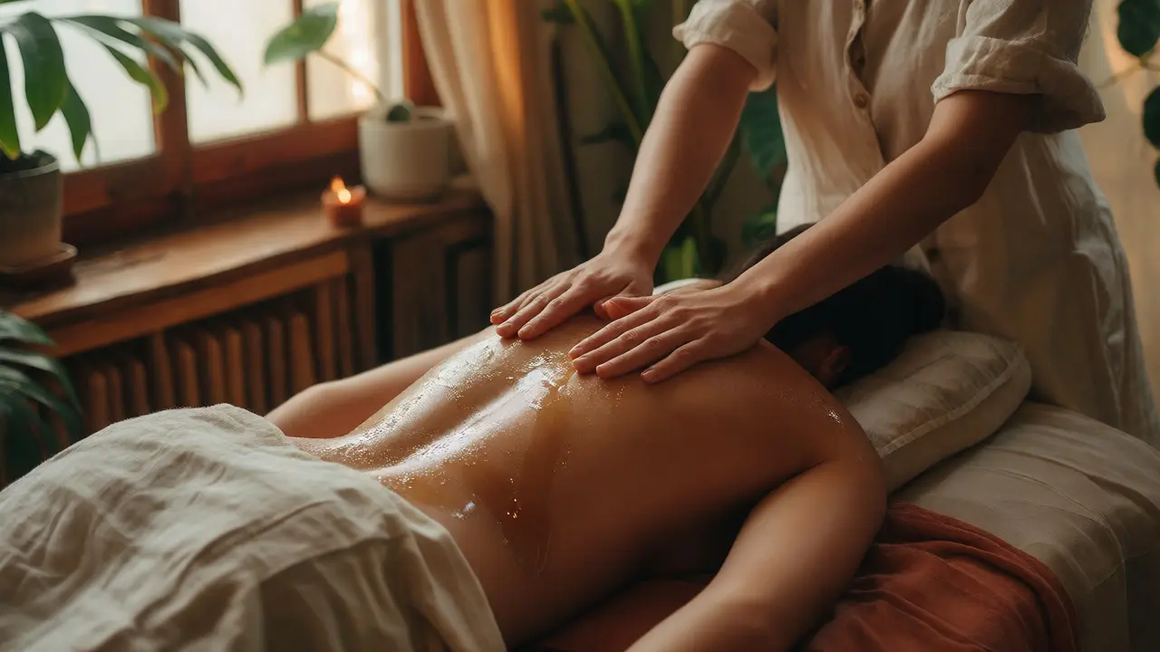 Terapeutická masáž zad s olejem v teplém, přirozeně osvětleném prostředí