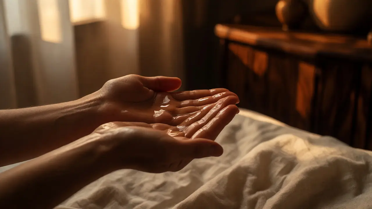 Dlaně si hřejí masážní olej před aplikací v teplém, intimním prostředí