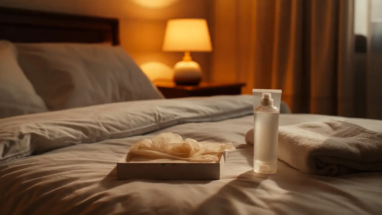 Připravené pomůcky na lůžku v tlumeném osvětlení ložnice