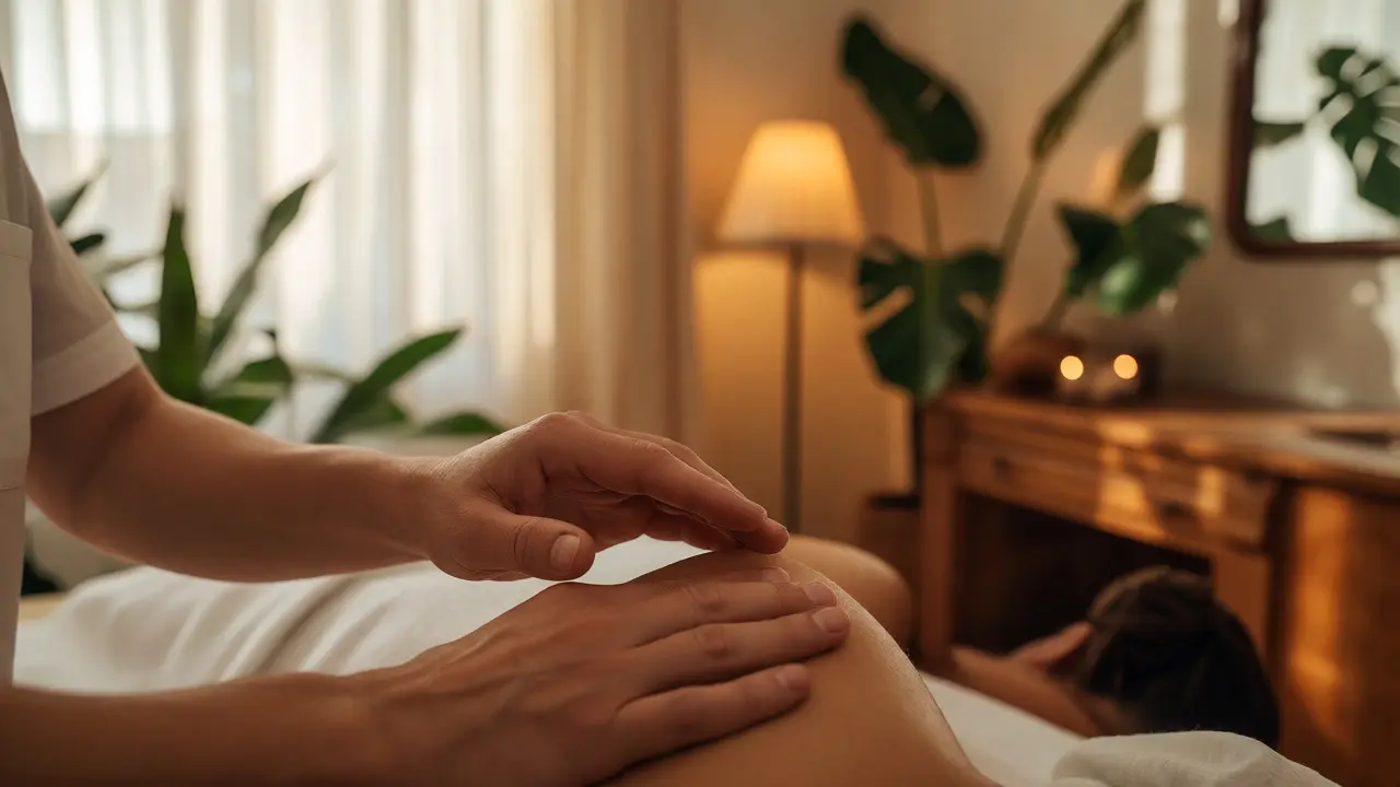 Terapeutické ruce v klidné masážní místnosti naznačující opatrnost a komunikaci.